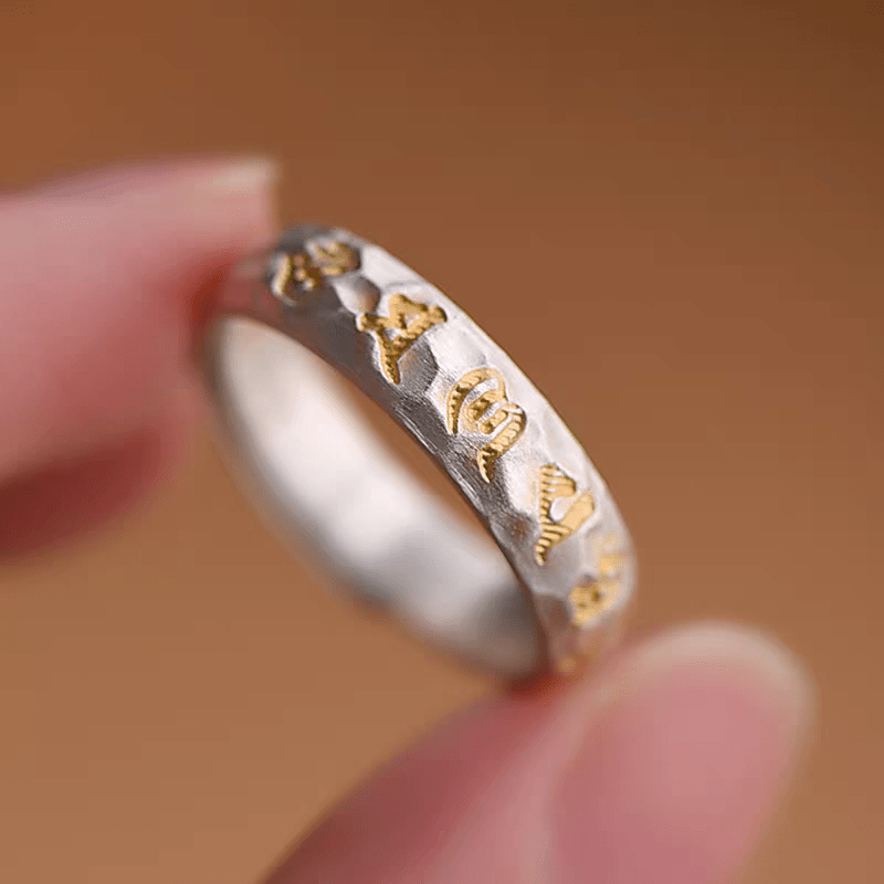 1pc 999 Sterling Silver Hammered Gold-plated Mantra Open Ring, Retro Zen Style, Perfect For Daily Wear & Valentine's Day Gift - IVOIRART.COM