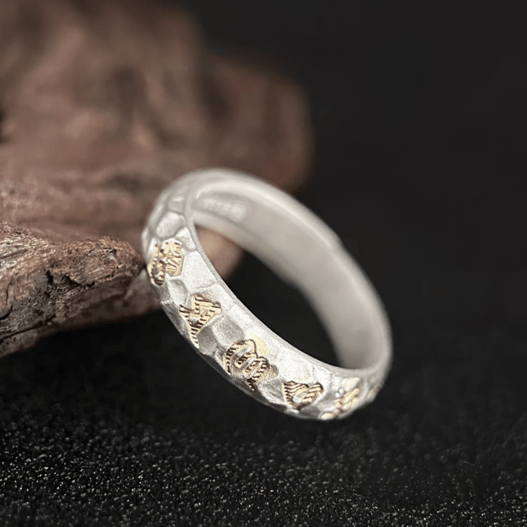1pc 999 Sterling Silver Hammered Gold-plated Mantra Open Ring, Retro Zen Style, Perfect For Daily Wear & Valentine's Day Gift - IVOIRART.COM
