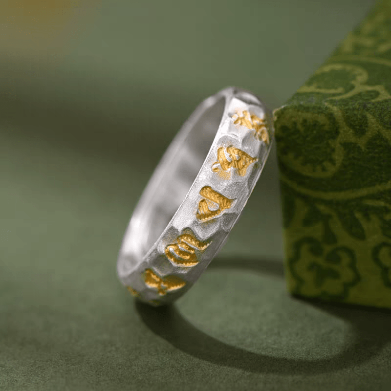 1pc 999 Sterling Silver Hammered Gold-plated Mantra Open Ring, Retro Zen Style, Perfect For Daily Wear & Valentine's Day Gift - IVOIRART.COM