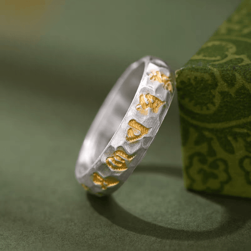 1pc 999 Sterling Silver Hammered Gold-plated Mantra Open Ring, Retro Zen Style, Perfect For Daily Wear & Valentine's Day Gift - IVOIRART.COM