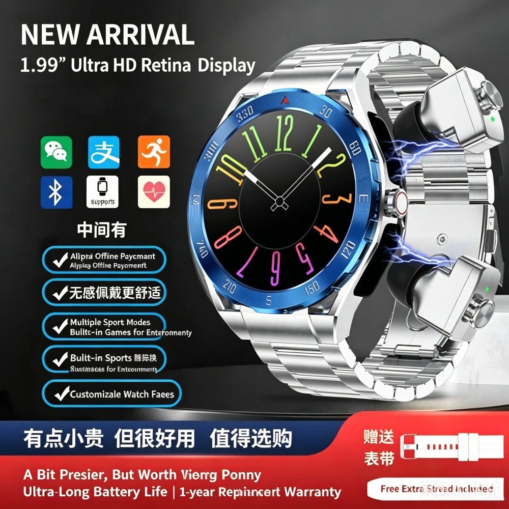 2-in-1 Smart Watch & Bluetooth Earphones, MP3 Player, Heart Rate Sleep Monitor Pedometer - IVOIRART.COM
