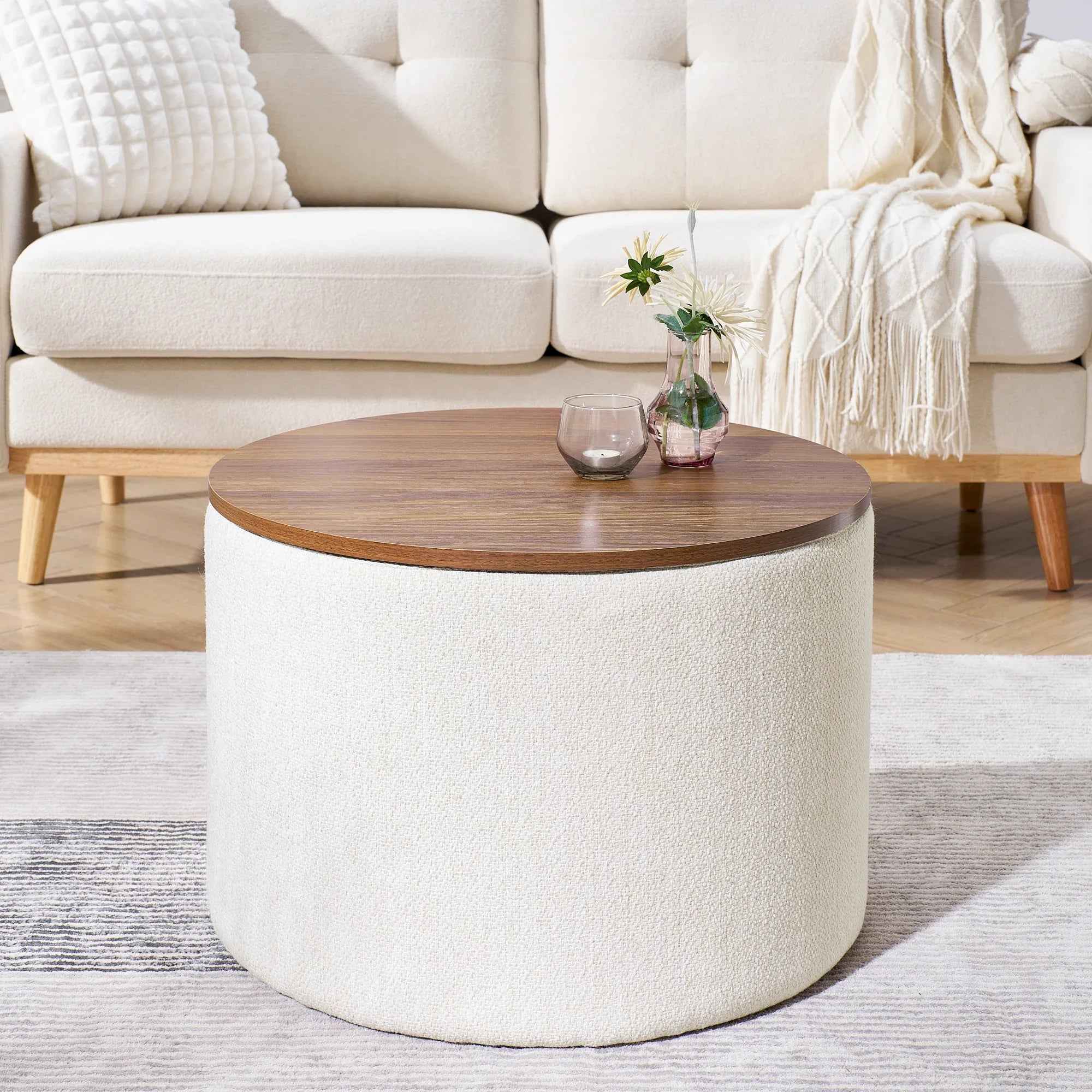 2 - Piece Set Round Chenille Storage Ottoman, Equipped With A Drum Shaped Small Stool, Storage Space, And MDF Made Desktop Panel Beige 23.62x23.62x16.53 - IVOIRART.COM