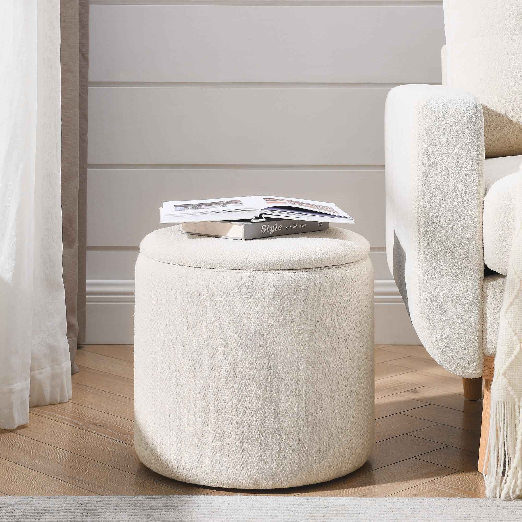 2 - Piece Set Round Chenille Storage Ottoman, Equipped With A Drum Shaped Small Stool, Storage Space, And MDF Made Desktop Panel Beige 23.62x23.62x16.53 - IVOIRART.COM