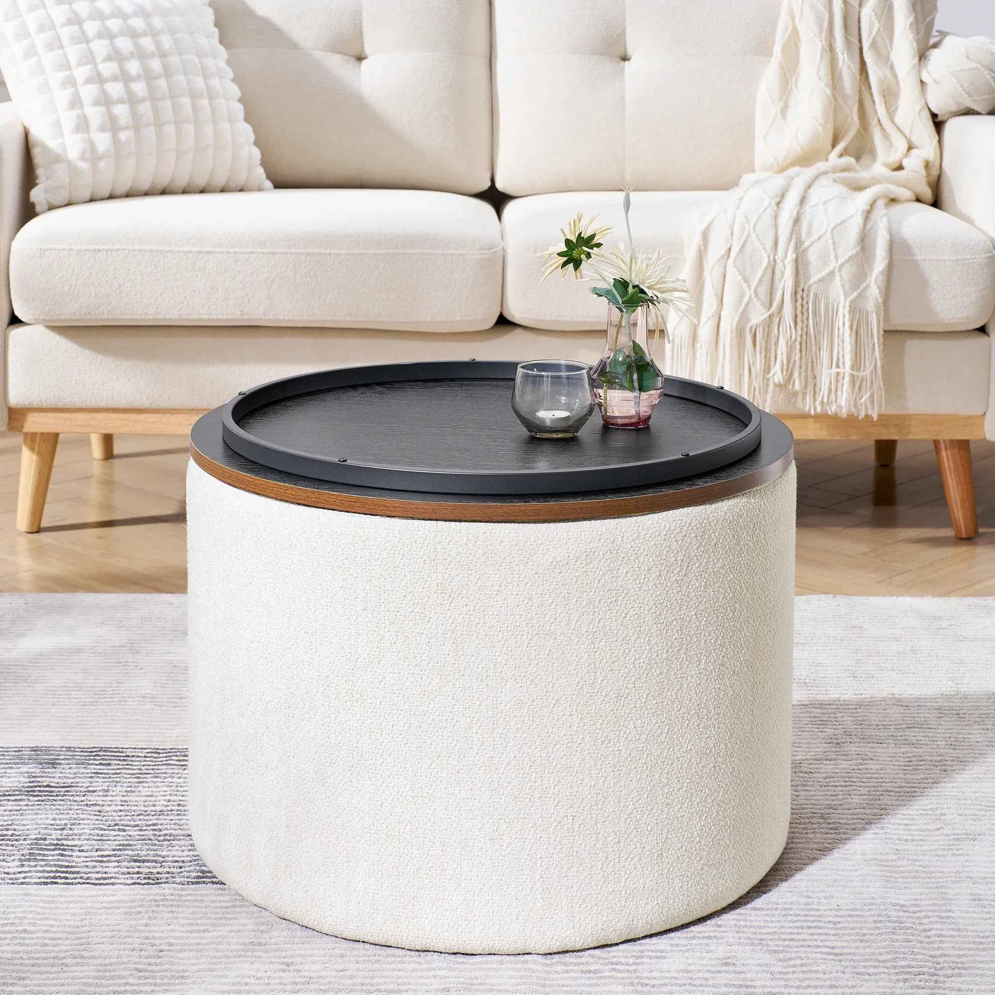 2 - Piece Set Round Chenille Storage Ottoman, Equipped With A Drum Shaped Small Stool, Storage Space, And MDF Made Desktop Panel Beige 23.62x23.62x16.53 - IVOIRART.COM