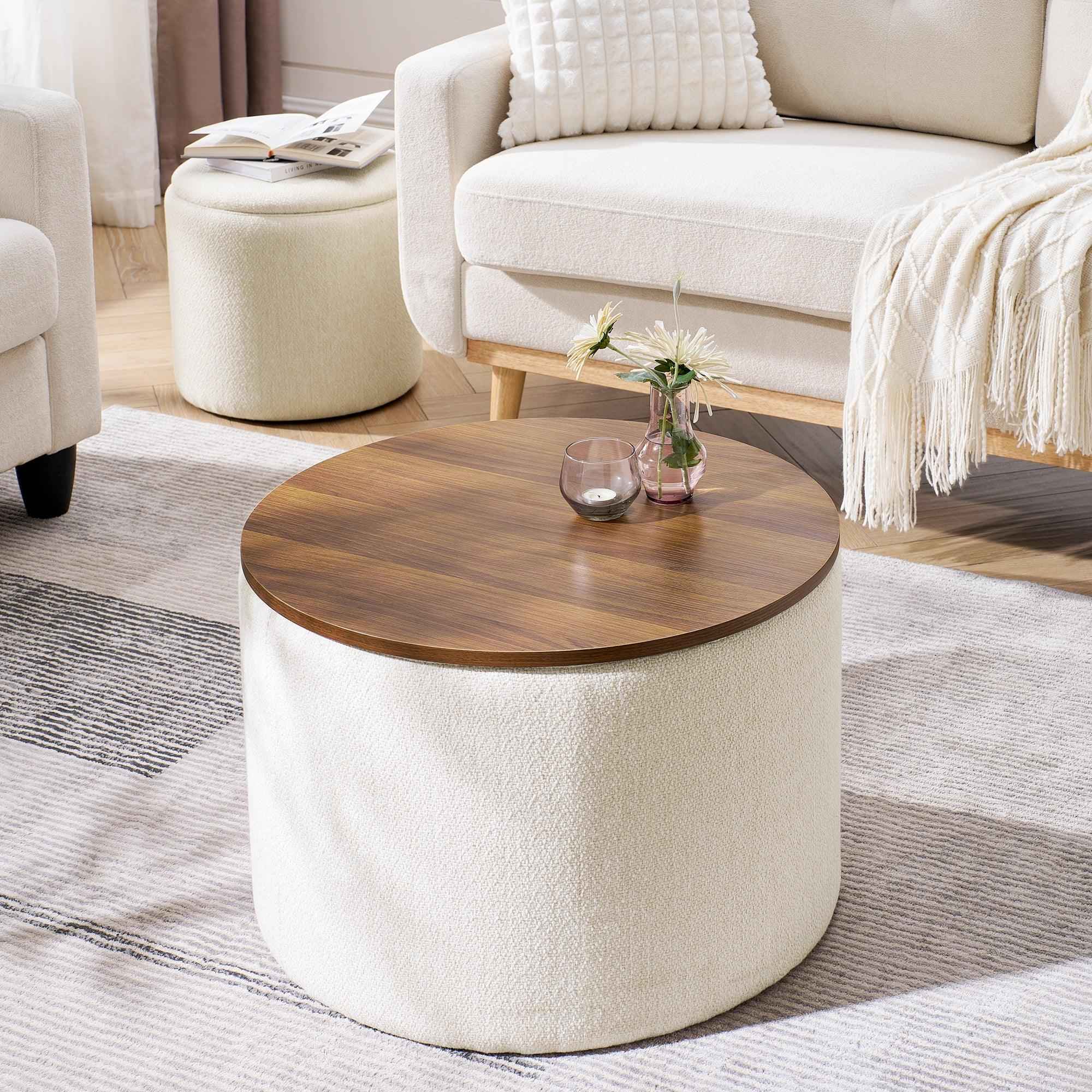 2 - Piece Set Round Chenille Storage Ottoman, Equipped With A Drum Shaped Small Stool, Storage Space, And MDF Made Desktop Panel Beige 23.62x23.62x16.53 - IVOIRART.COM