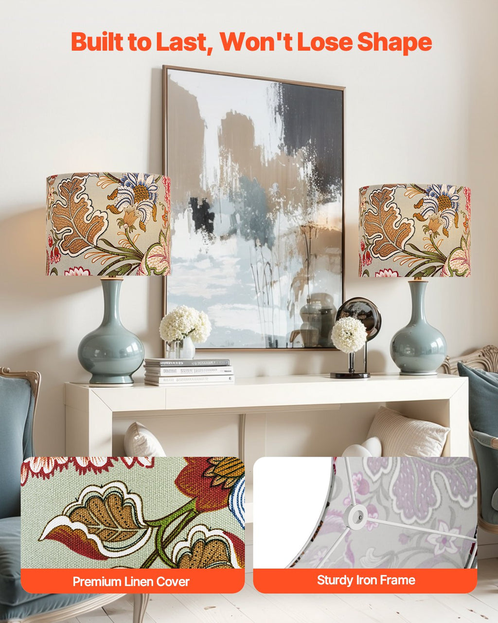 Abat-jour Drum Lot de 2, 13 po en haut x 13 po en bas x 10 po de hauteur, abat-jour cylindrique en lin moyen, abat-jour de remplacement pour lampes de table, lampadaires et suspensions, sombre motif floral