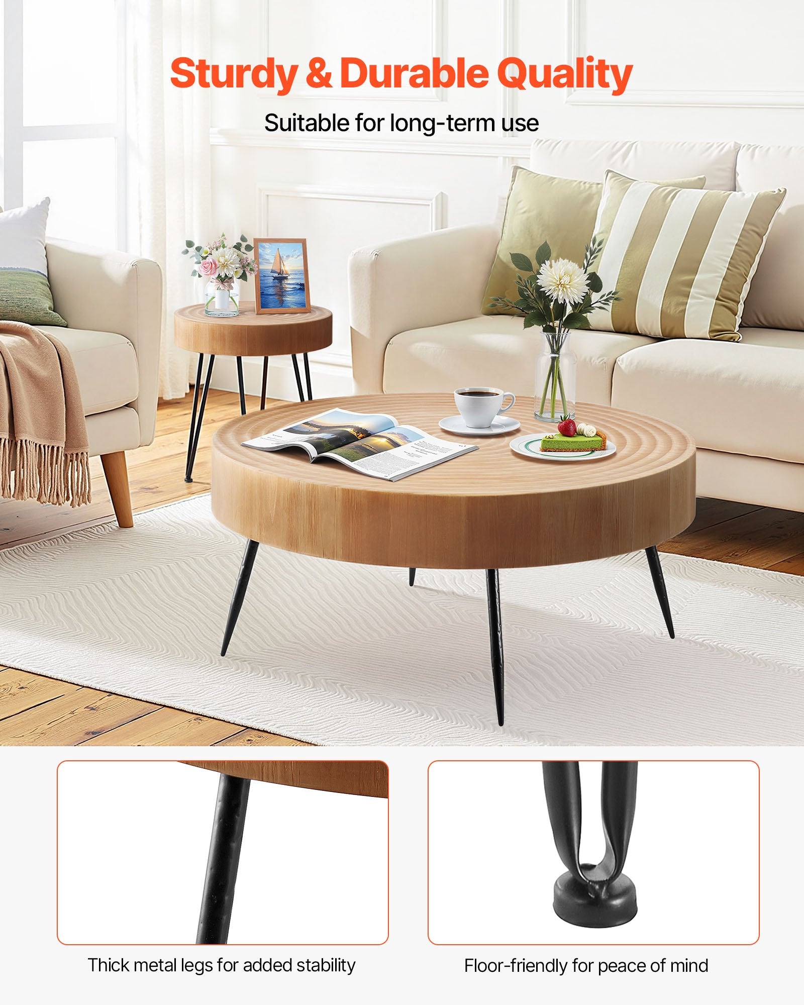 2 Pieces Round Coffee Tables Sets, 31.3 In Industrial Living Room Table With 1 End Side Table, Easy Assembly Coffee And End Tables Sets With Metal Legs, For Office, Living Room And Apartment