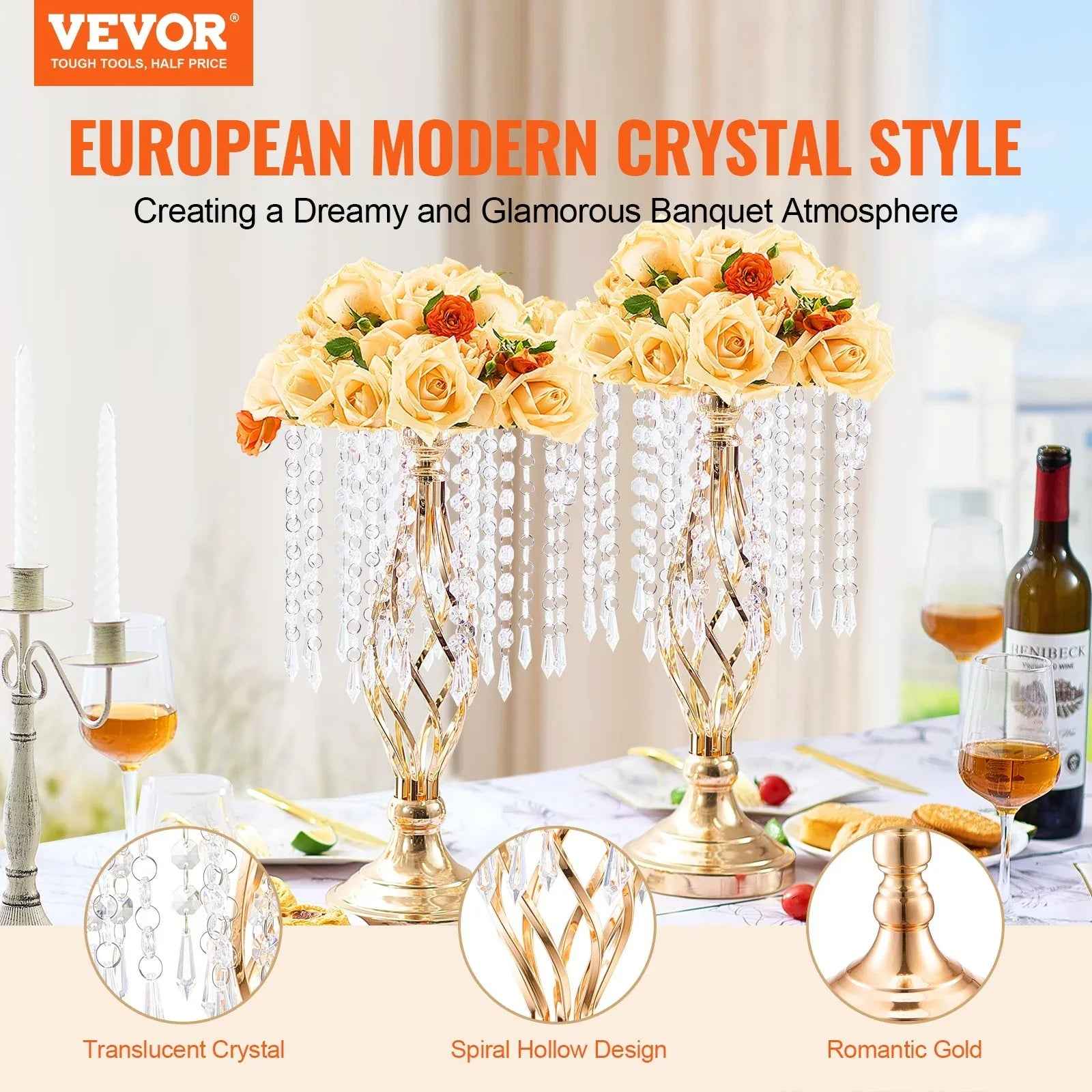 20pièces Support de fleurs en cristal doré de 43 cm / 16,9 po, Support de centre de table en métal pour mariage et décor de fête - IVOIRART.COM