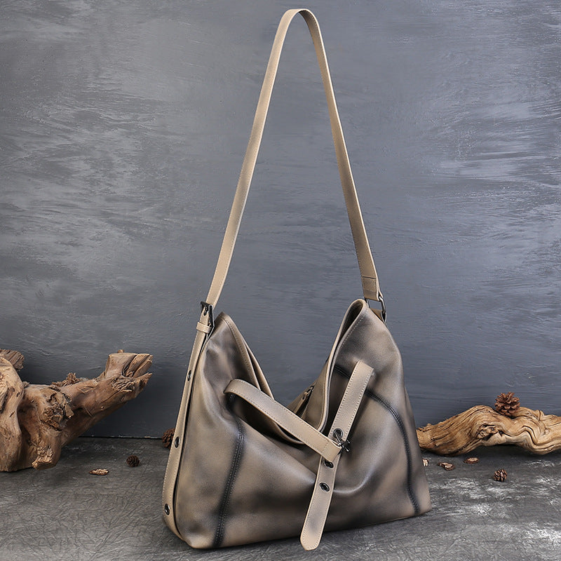 Sac Bandoulière Rétro Femme Grand Volume Élégant, Cuir Véritable Souple