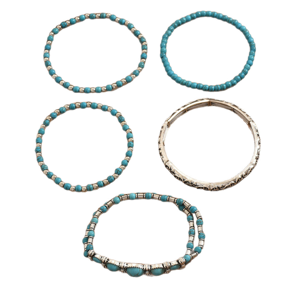 Ensemble de bracelets à perles et nœud — turquoise vintage, lot de 5