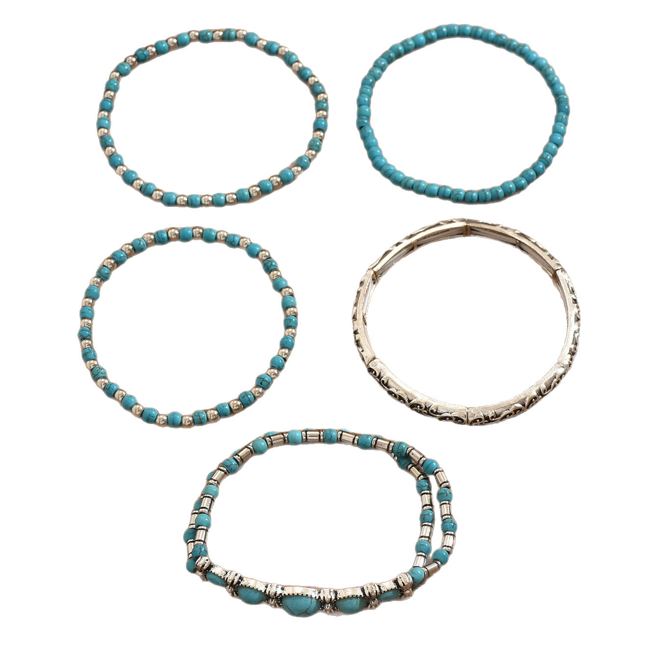 Ensemble de bracelets à perles et nœud — turquoise vintage, lot de 5
