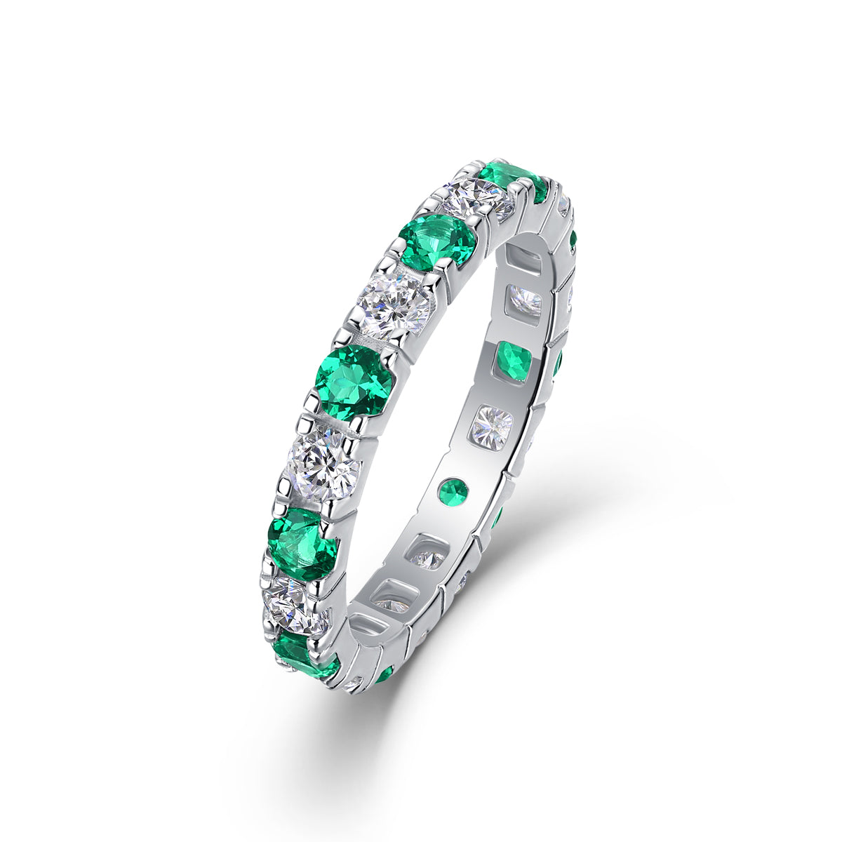 Bague d'éternité alternée en argent S925 plaqué platine 2,4 g, pierres vertes et blanches, anneau complet délicat empilable pour femmes, coffret cadeau bijou