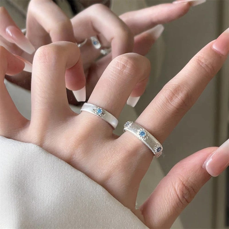 Bague fine en argent sterling 999 brossé avec zircon bleu, style rétro élégant