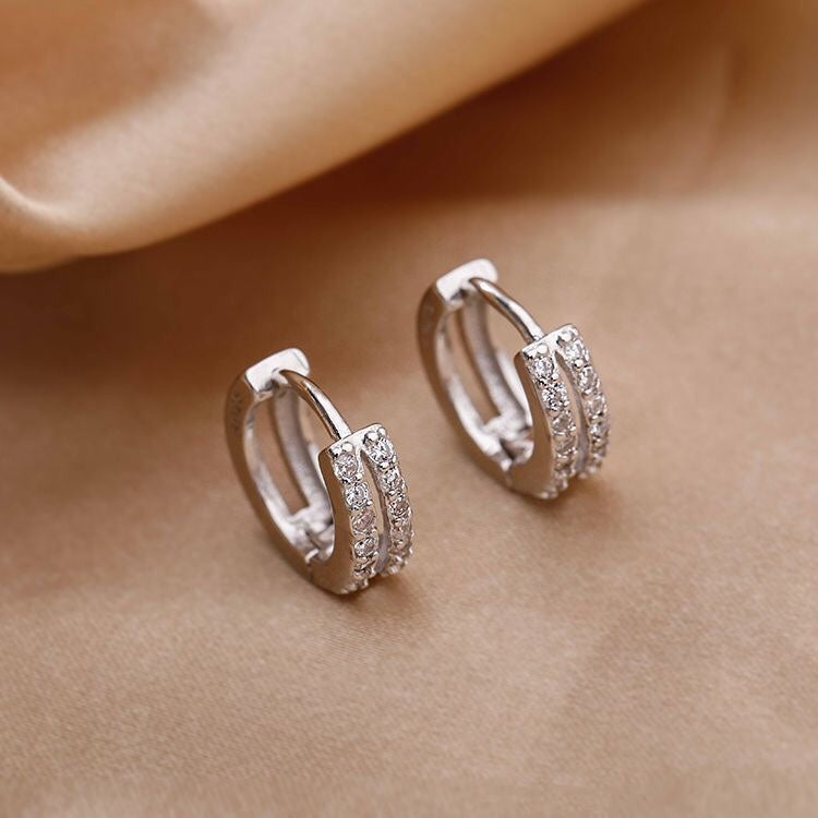 Boucles d'Oreilles Créoles Double Anneau en Argent 999 Zircon, Style Luxe et Tendance, Cadeau Idéal Anniversaire et Fêtes
