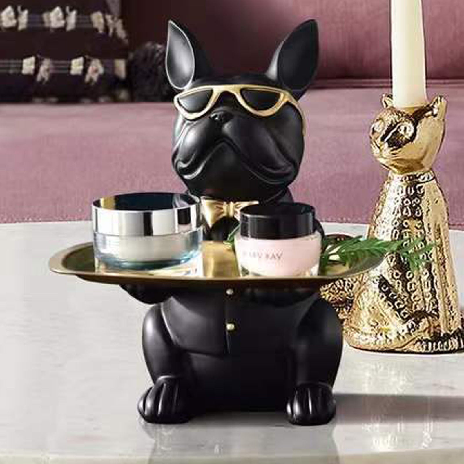 Statue de Bulldog Français Décoration Maison, Statue de Chien Mignonne Avec Plateau, Cadeau Accessoire Bulldog Français, Sculpture Décor Maison Noir ou Marron