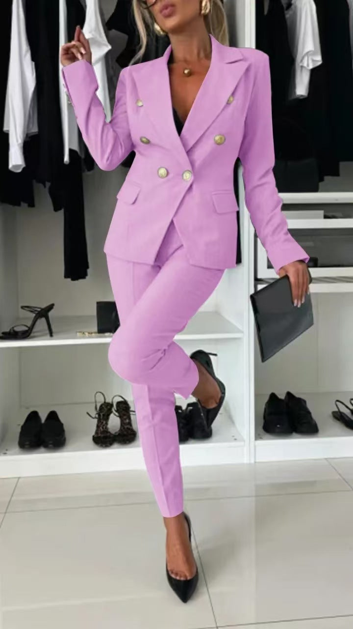 Nouveau ensemble bureau femme : veste boutonnée col revers et pantalon slim casual
