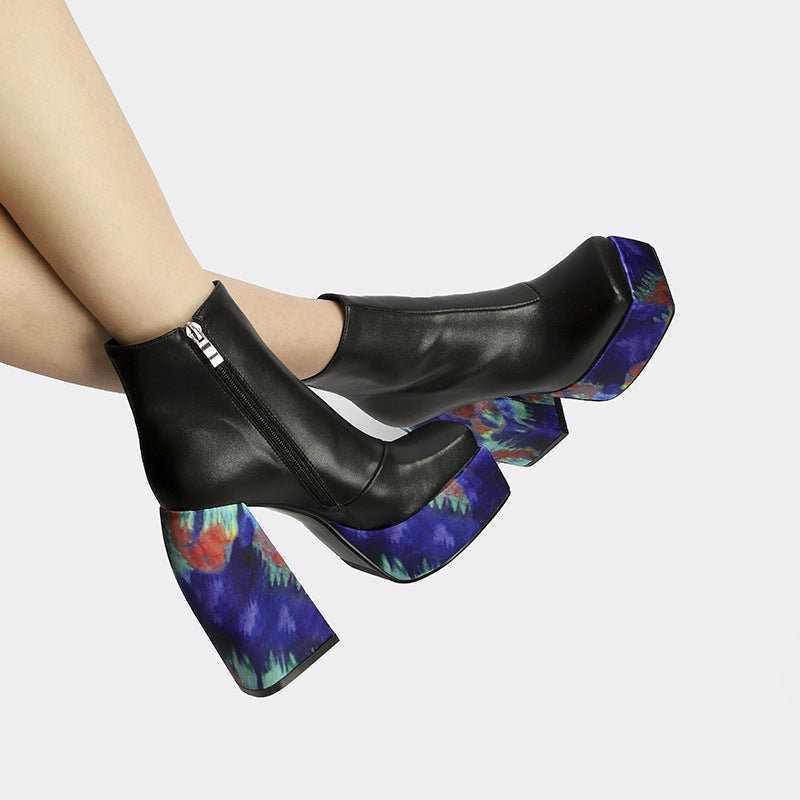 Bottes Mode Femme en Cuir à Talons Hauts Épais et Fermeture Éclair Latérale