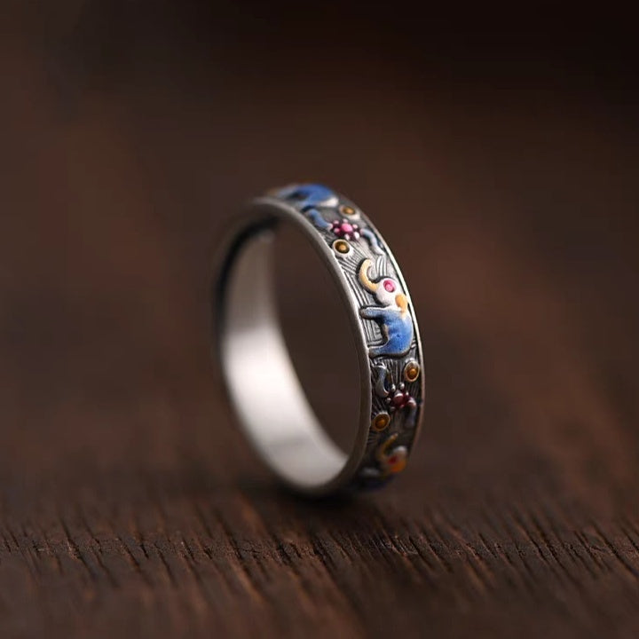 Bague Ouverte Éléphant Émaillée en Argent Sterling 999, Style Ethnique Rétro, Parfaite pour le Quotidien et Cadeau Saint-Valentin