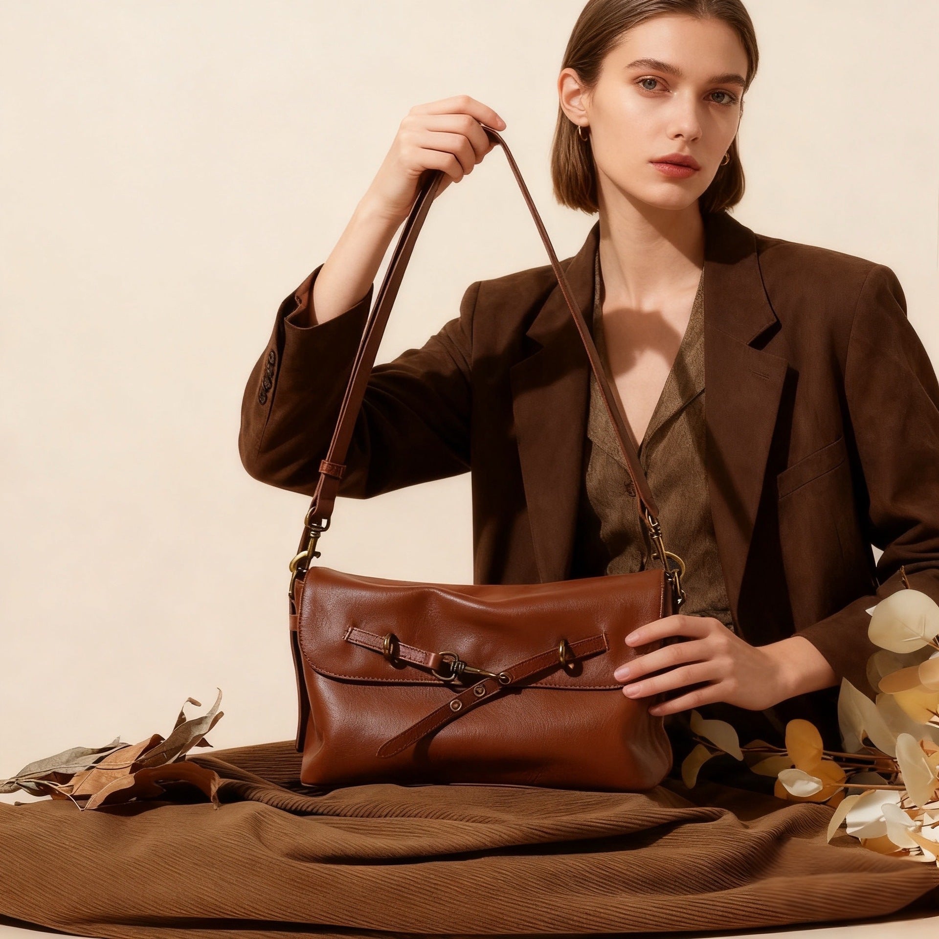 Sac bandoulière en cuir véritable uni grande capacité pour un usage quotidien