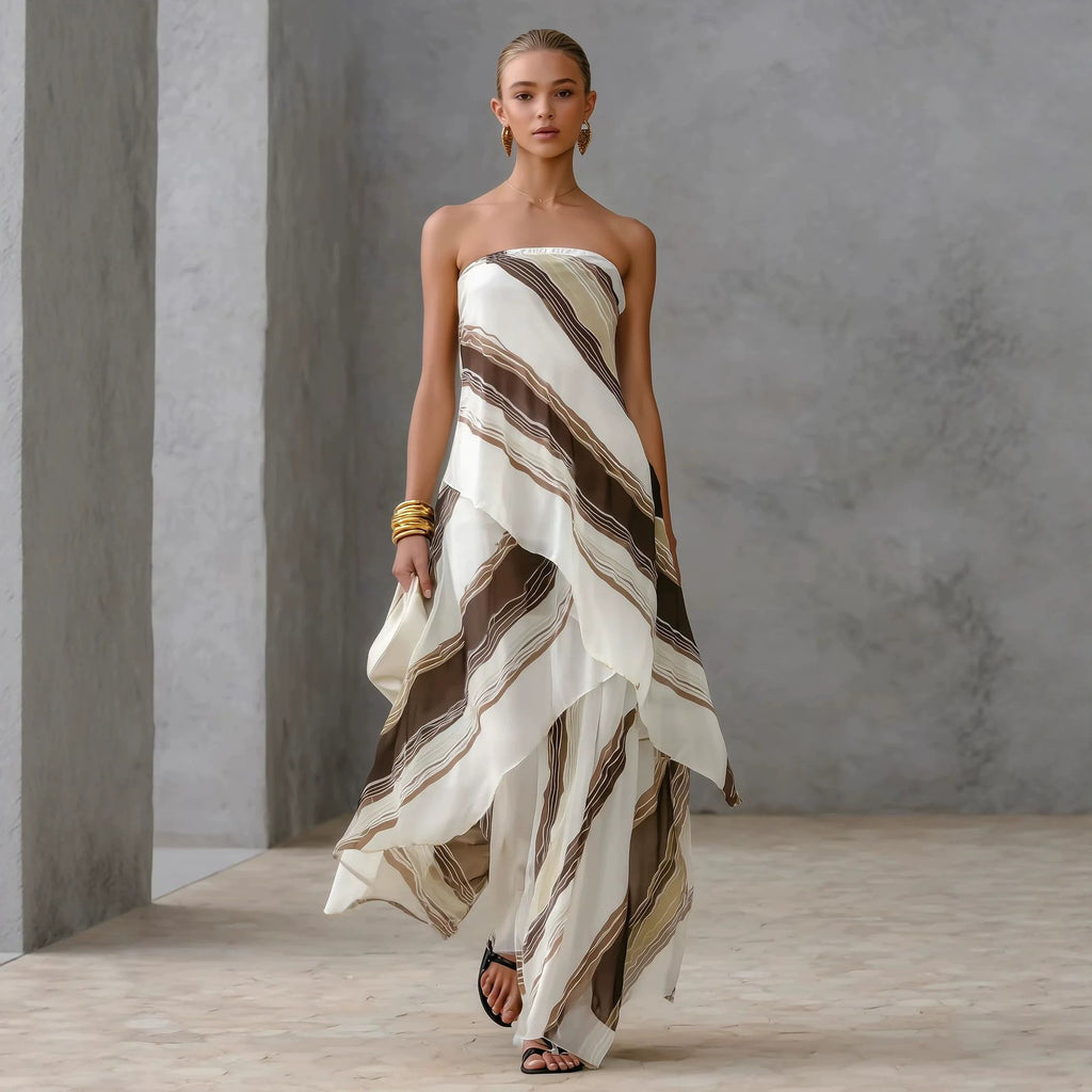 Robe Décontractée Féminine Sans Manches Rayée Épaule Dénudée Style Chic
