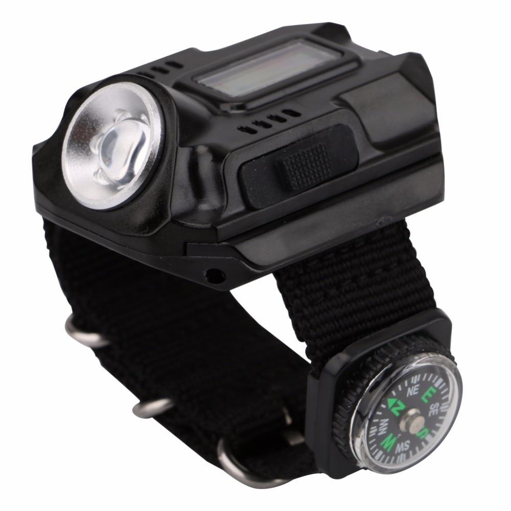 Montre lampe torche LED portable, recharge USB, 4 modes, boussole et afficheur horaire