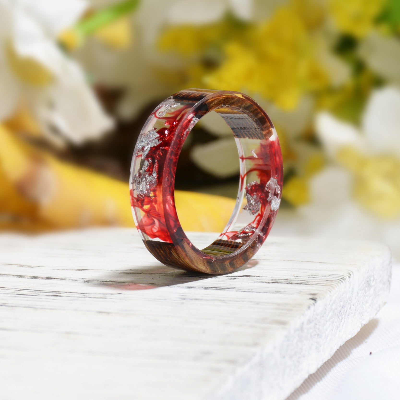 Bague en Résine en Bois Artisanale DIY avec Fleurs Séchées pour le Commerce Étranger Transfrontalier
