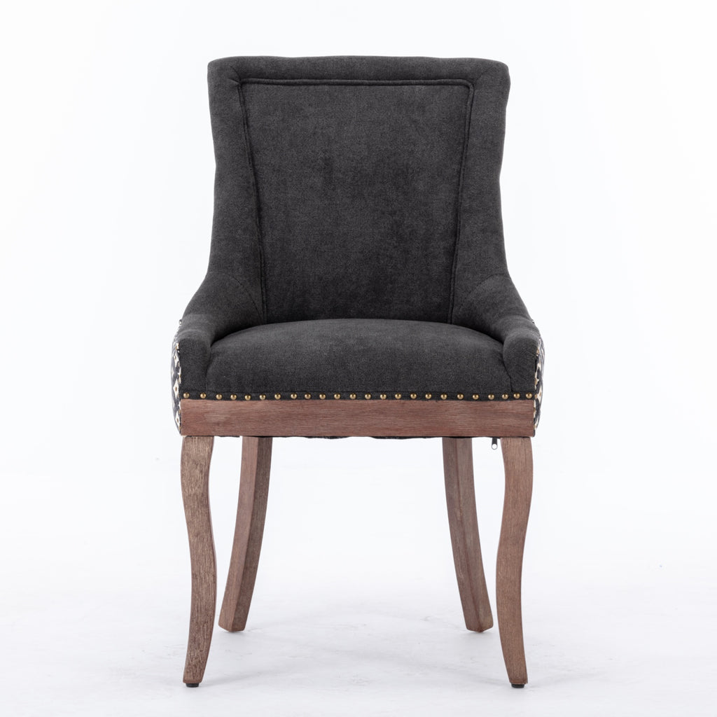 A&A Furniture, Chaise latérale de salle à manger Ultra, chaises en tissu épaissi avec pieds en bois massif tons neutres, clous décoratifs bronze, lot de 2, bleues