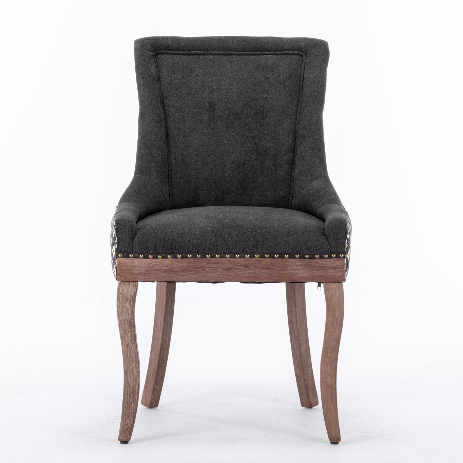 A&A Furniture, Chaise latérale de salle à manger Ultra, chaises en tissu épaissi avec pieds en bois massif tons neutres, clous décoratifs bronze, lot de 2, bleues