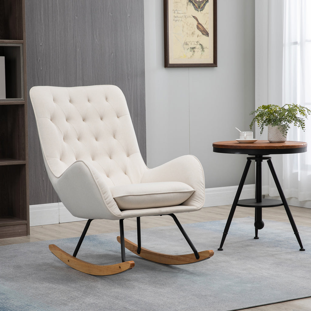Fauteuil à bascule en tissu style milieu du siècle, fauteuil convertible capitonné à oreilles avec siège rembourré, base en bois d’hévéa pour maison, studio, chambre, salon, blanc crème