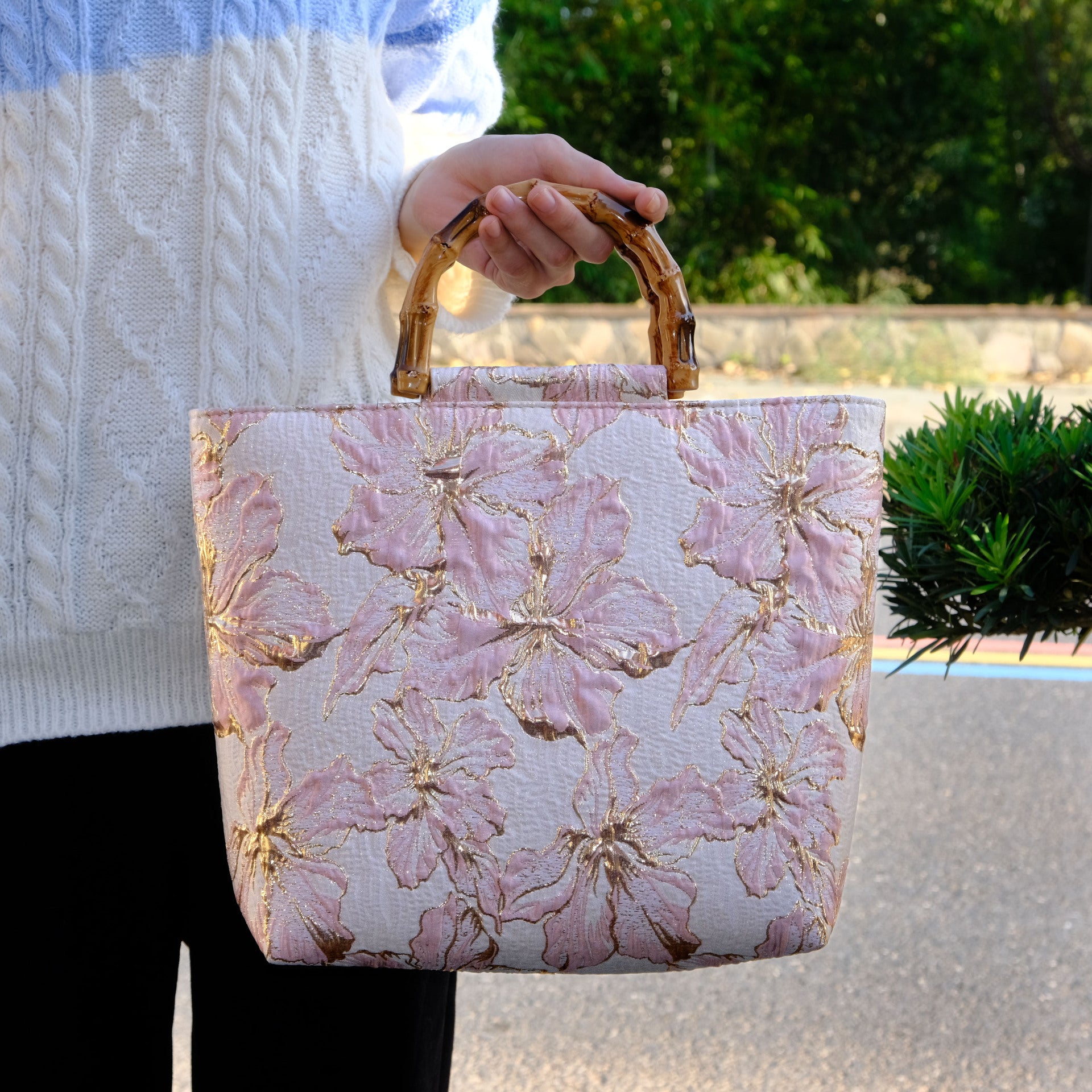 Sac en toile pour femme bleu clair à fleurs dorées