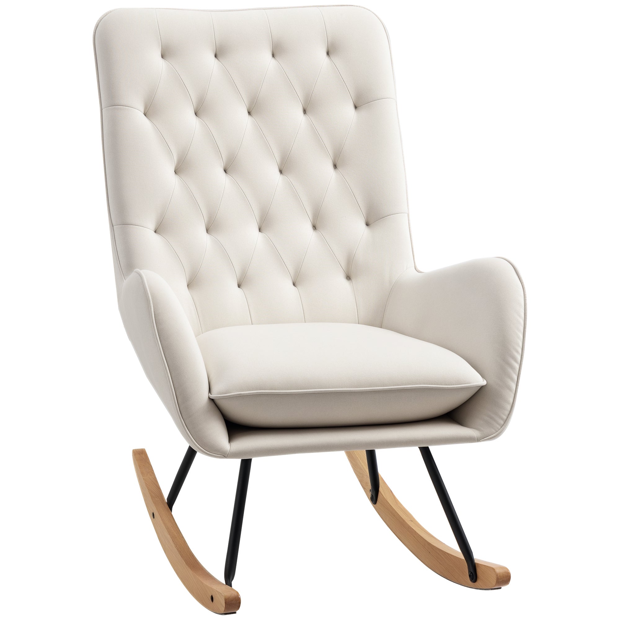 Fauteuil à bascule en tissu style milieu du siècle, fauteuil convertible capitonné à oreilles avec siège rembourré, base en bois d’hévéa pour maison, studio, chambre, salon, blanc crème