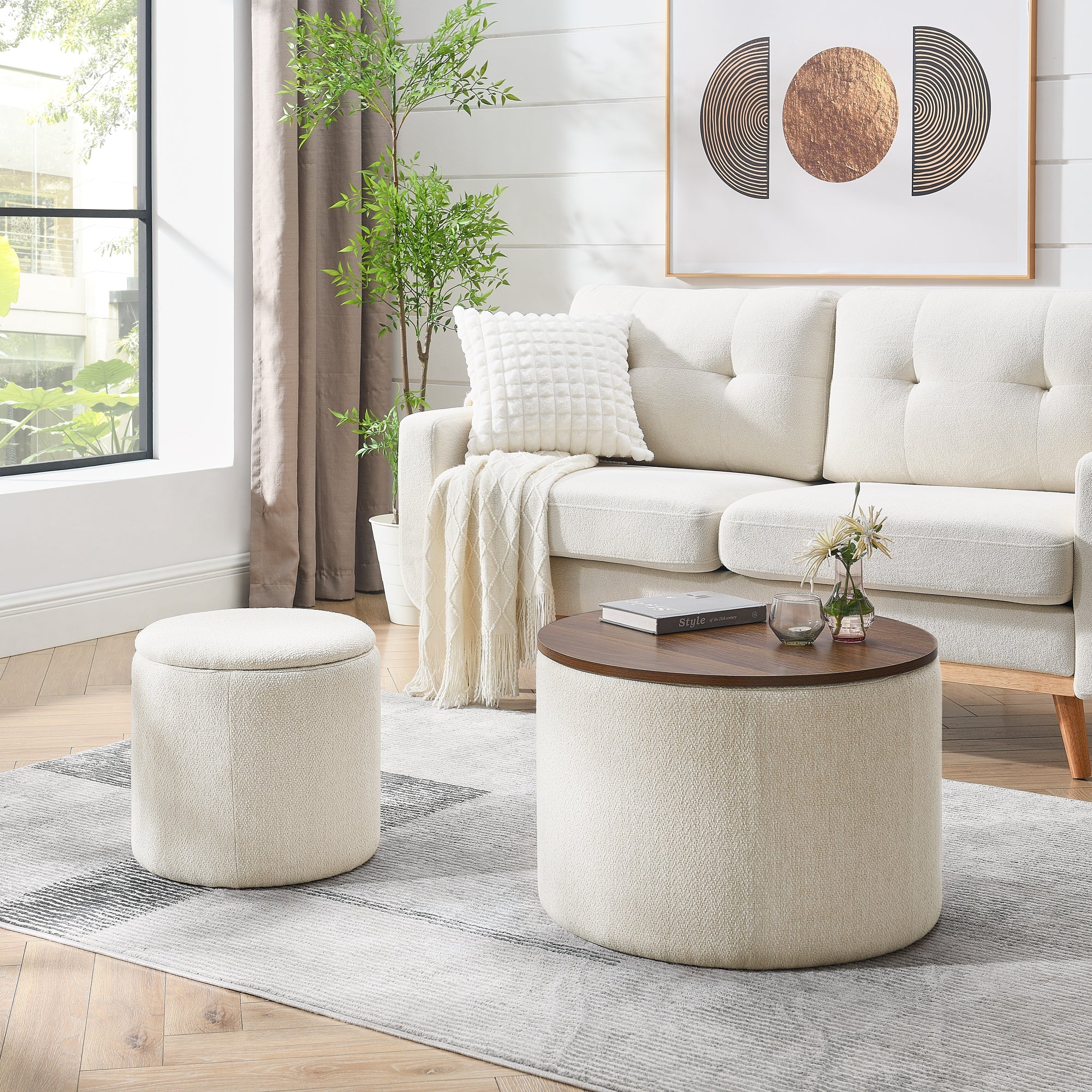 2-Piece Set Round Chenille Storage Ottoman, Equipped With A Drum Shaped Small Stool, Storage Space, And MDF Made Desktop Panel Beige 23.62x23.62x16.53