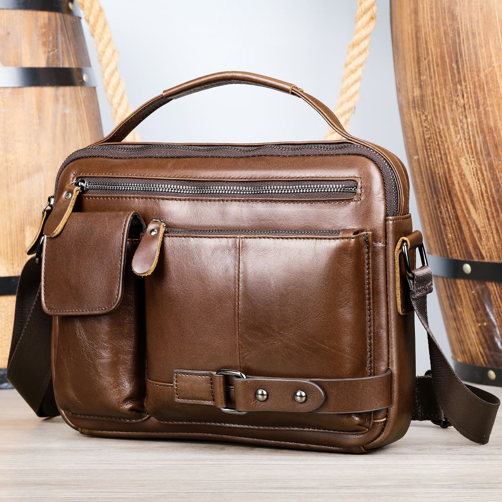Sac Messager Homme en Cuir Véritable Ciré à Haute Sensation, Style Urbain Élégant