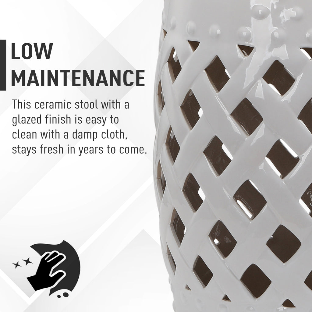 Tabouret de Jardin en Céramique de 13" x 18" avec Design Tressé et Matériaux Résistants Émaillés, Blanc
