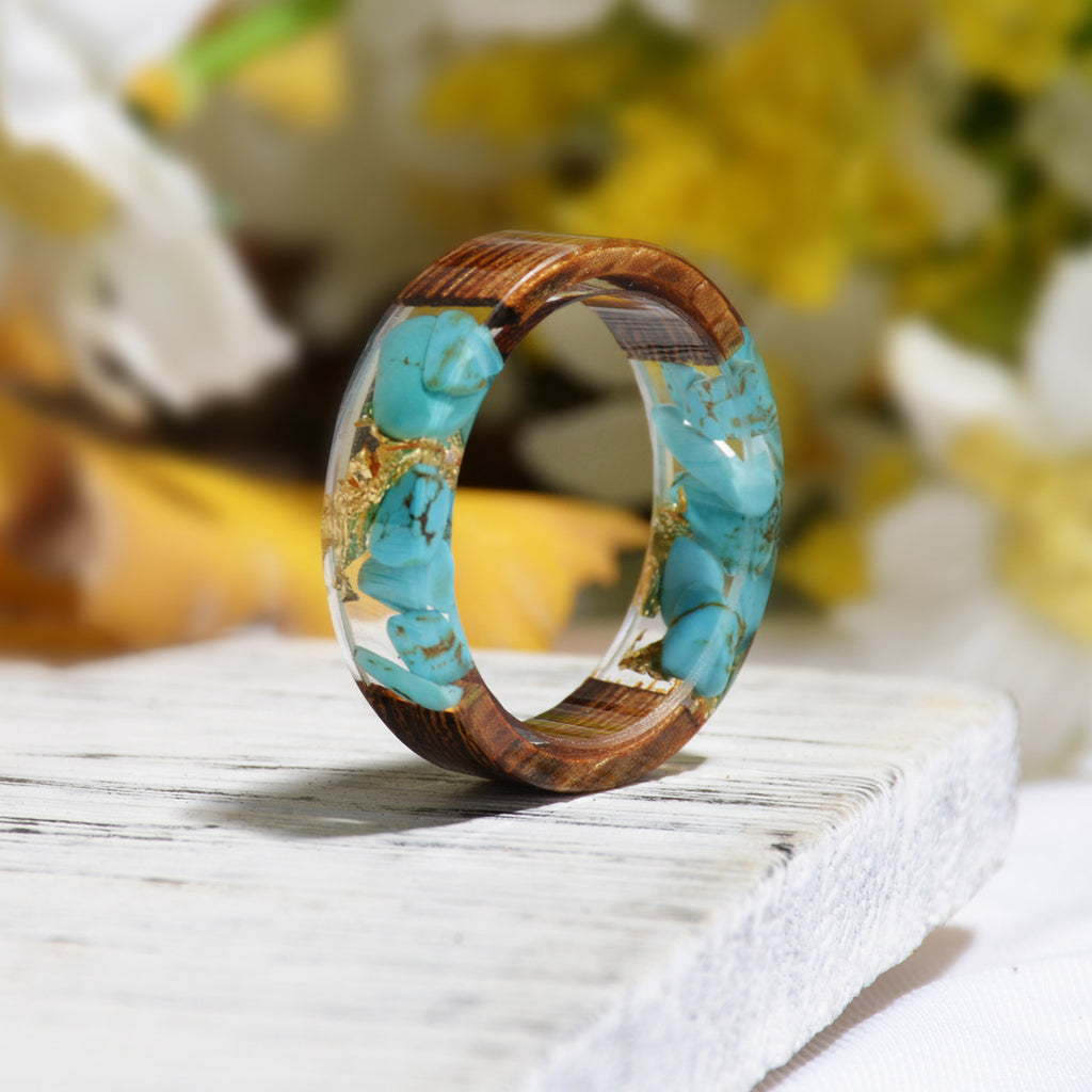 Bague en Résine en Bois Artisanale DIY avec Fleurs Séchées pour le Commerce Étranger Transfrontalier