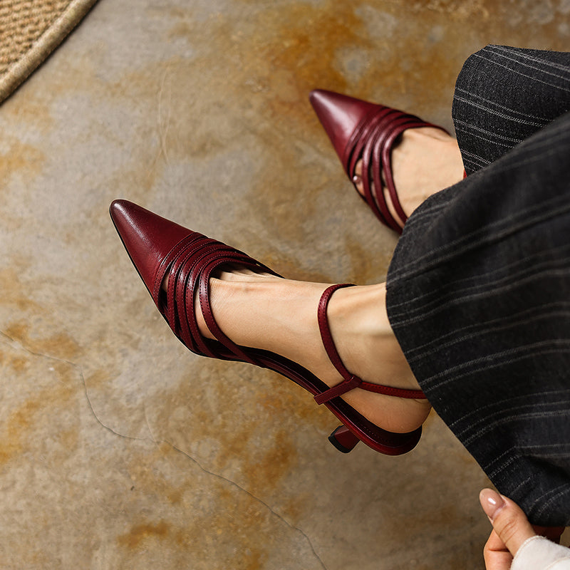 Sandales à talons bijoux pour femmes en cuir pleine fleur lavé, brides fines, bout pointu