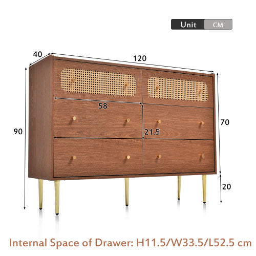 Rattan Sideboard Cabinet For Living Room, Chest Of Drawers With 6 Drawers, Walnut -40D X 120W X 90H Centimetres