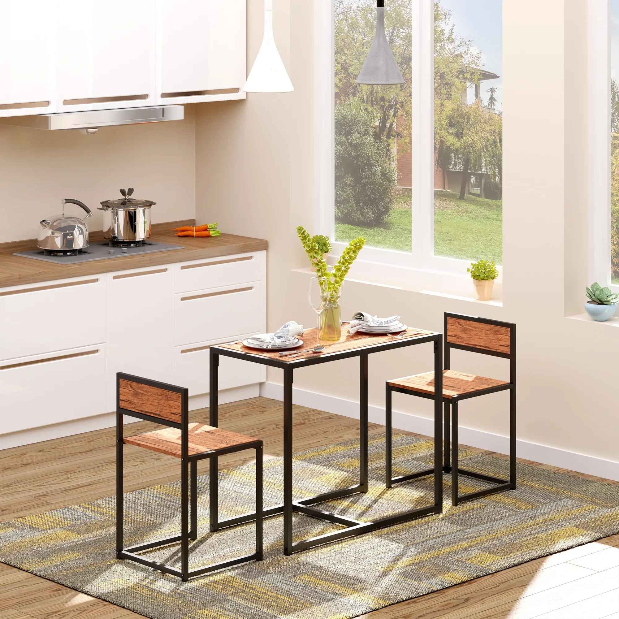 3 - Piece Industrial Dining Table Set for 2, Kitchen Table and Chairs, Dining Room Sets for Small Spaces, Rustic Brown - IVOIRART.COM