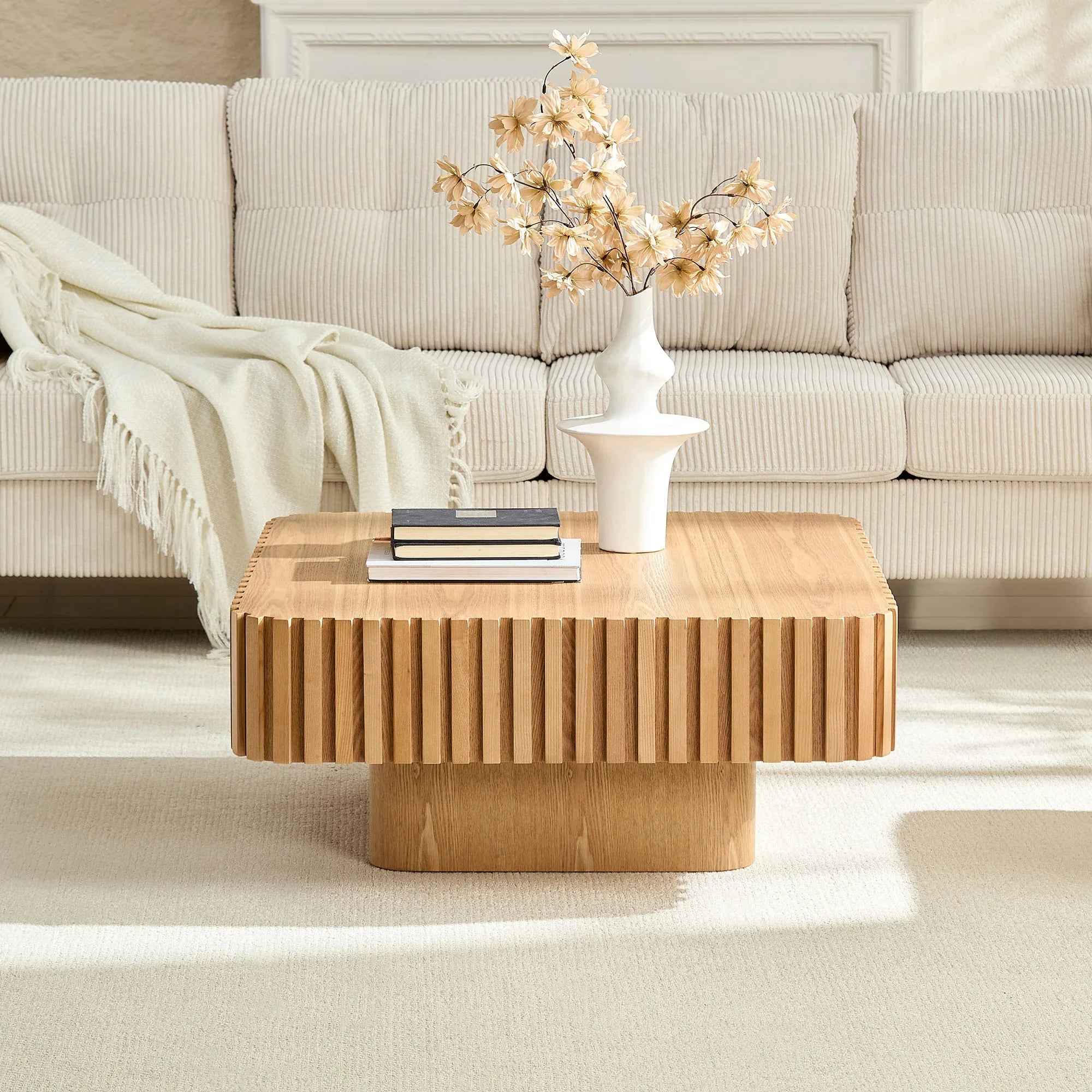 31.5 Inch Modern Handcraft Drum Coffee Table Square Coffee Table For Living Room,Small Wooden Coffee Table With Sturdy MDF Pedesta,Natural Color - IVOIRART.COM