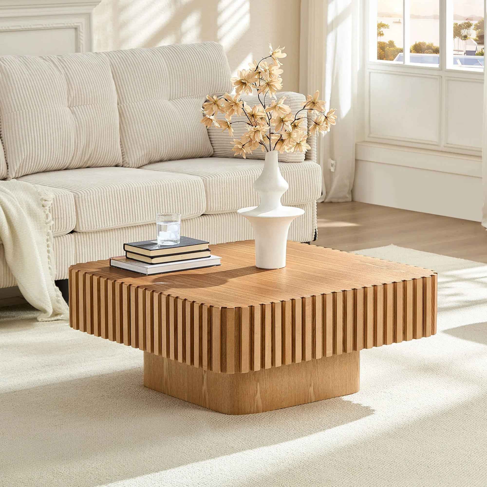 31.5 Inch Modern Handcraft Drum Coffee Table Square Coffee Table For Living Room,Small Wooden Coffee Table With Sturdy MDF Pedesta,Natural Color - IVOIRART.COM