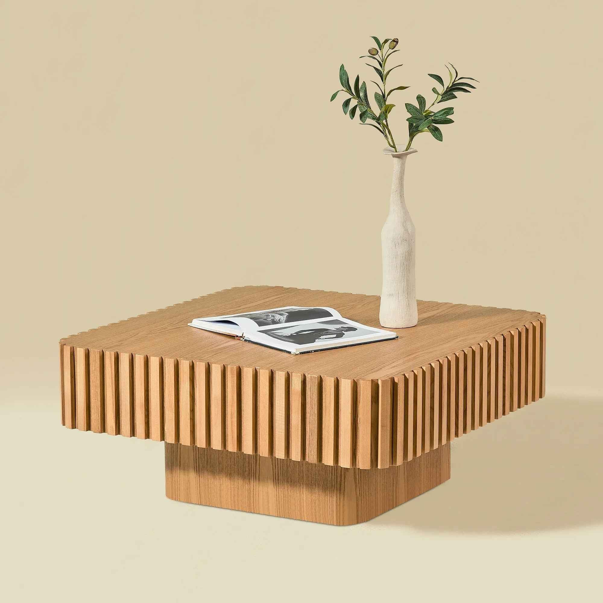 31.5 Inch Modern Handcraft Drum Coffee Table Square Coffee Table For Living Room,Small Wooden Coffee Table With Sturdy MDF Pedesta,Natural Color - IVOIRART.COM