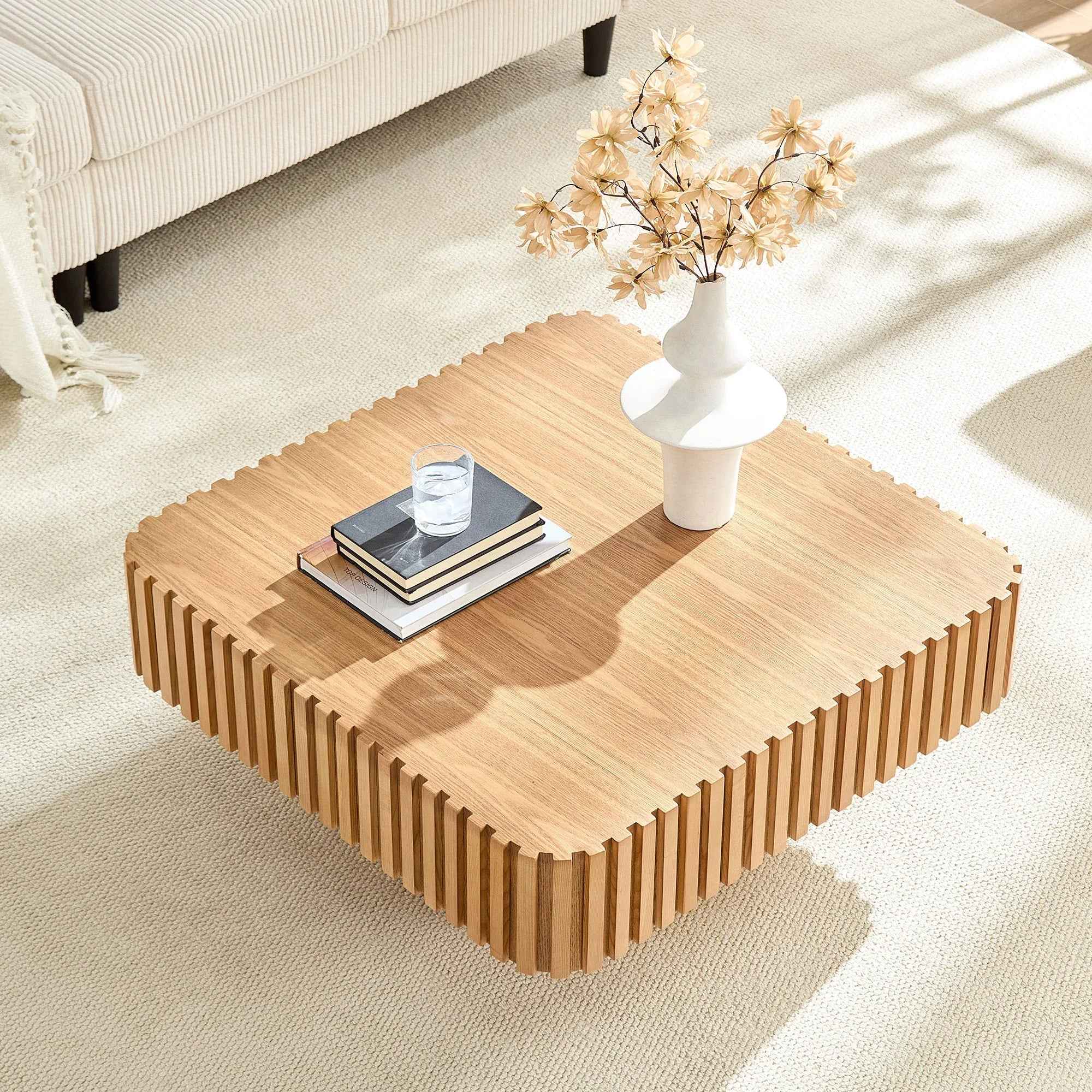 31.5 Inch Modern Handcraft Drum Coffee Table Square Coffee Table For Living Room,Small Wooden Coffee Table With Sturdy MDF Pedesta,Natural Color - IVOIRART.COM