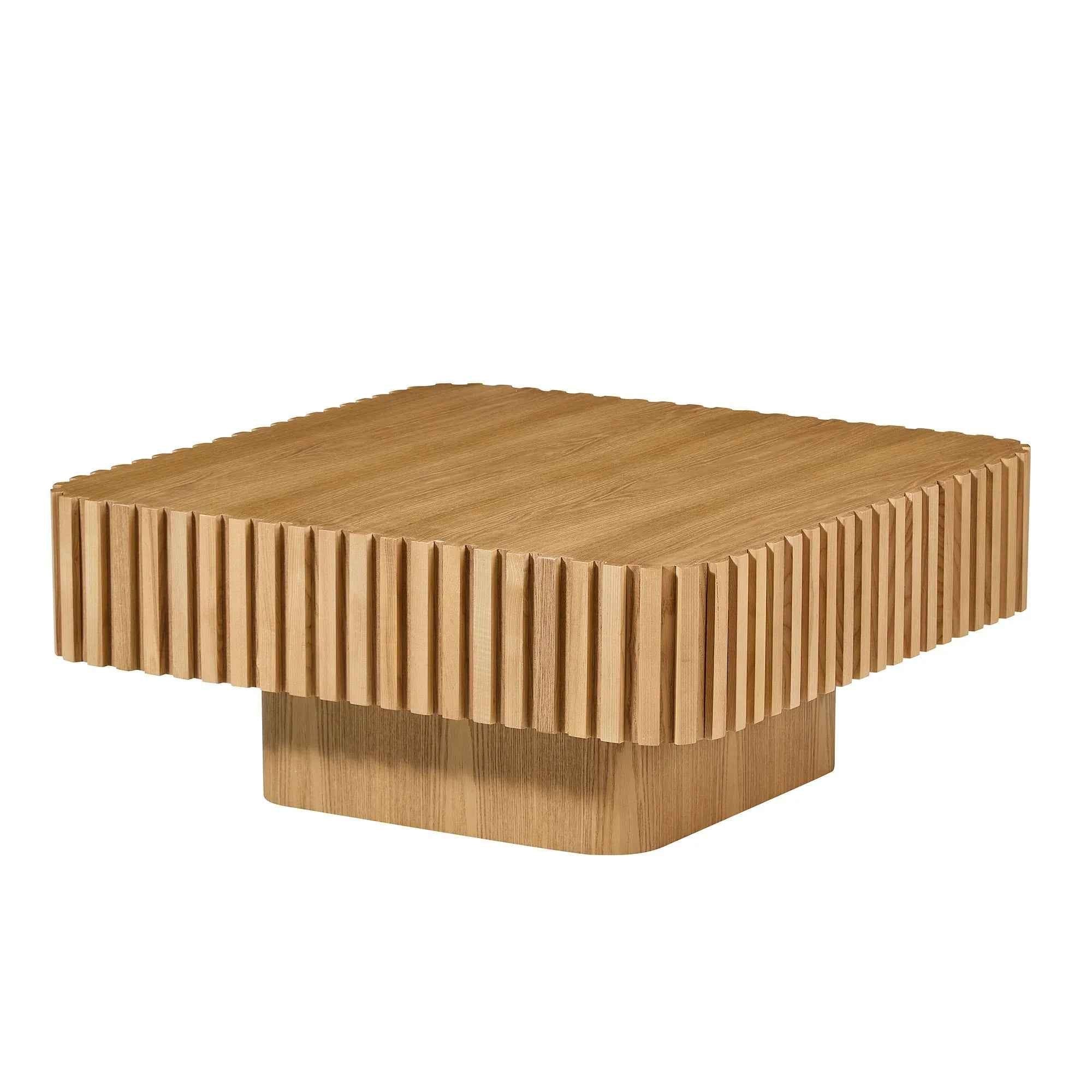 31.5 Inch Modern Handcraft Drum Coffee Table Square Coffee Table For Living Room,Small Wooden Coffee Table With Sturdy MDF Pedesta,Natural Color - IVOIRART.COM