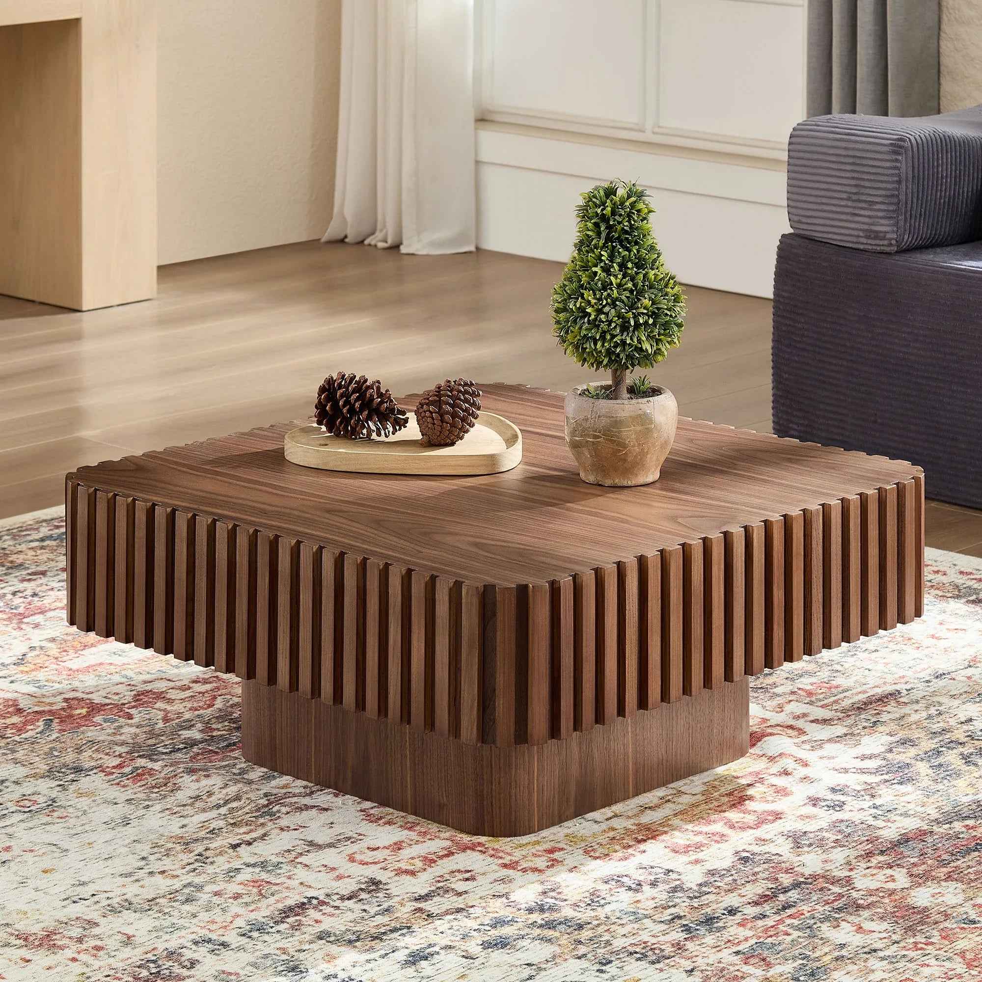 31.5 Inch Modern Handcraft Drum Coffee Table Square Coffee Table For Living Room,Small Wooden Coffee Table With Sturdy MDF Pedesta,Walnut Color - IVOIRART.COM