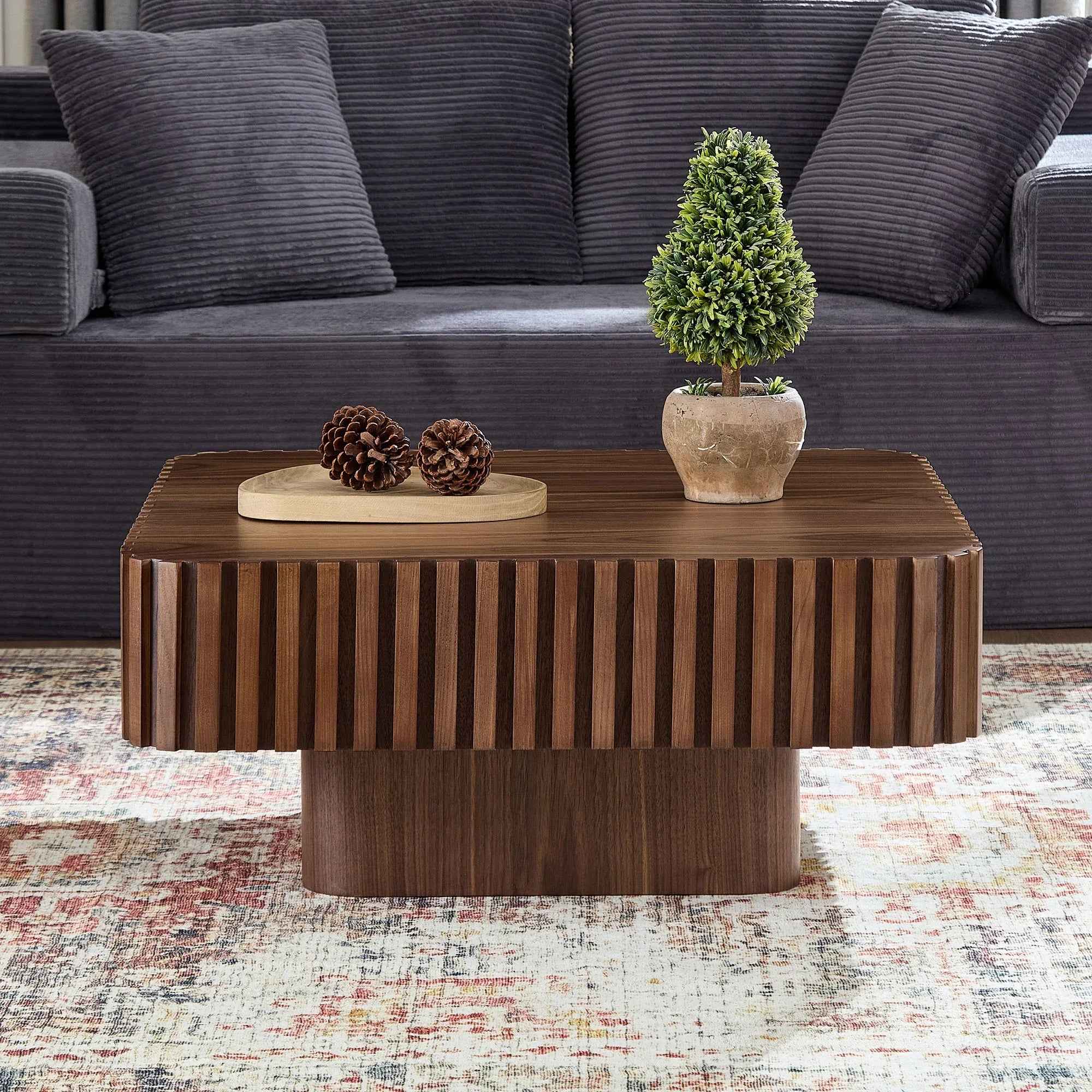 31.5 Inch Modern Handcraft Drum Coffee Table Square Coffee Table For Living Room,Small Wooden Coffee Table With Sturdy MDF Pedesta,Walnut Color - IVOIRART.COM