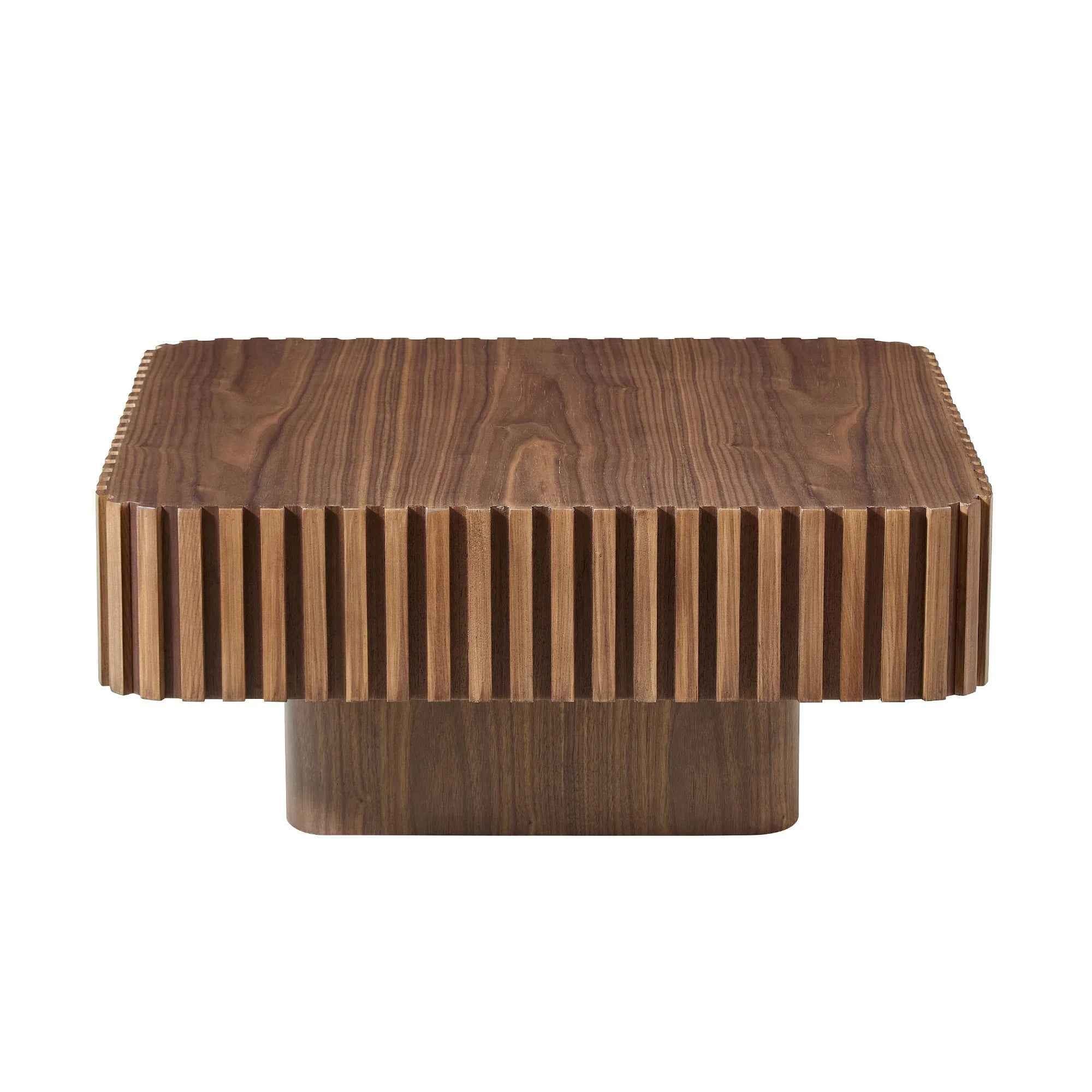 31.5 Inch Modern Handcraft Drum Coffee Table Square Coffee Table For Living Room,Small Wooden Coffee Table With Sturdy MDF Pedesta,Walnut Color - IVOIRART.COM