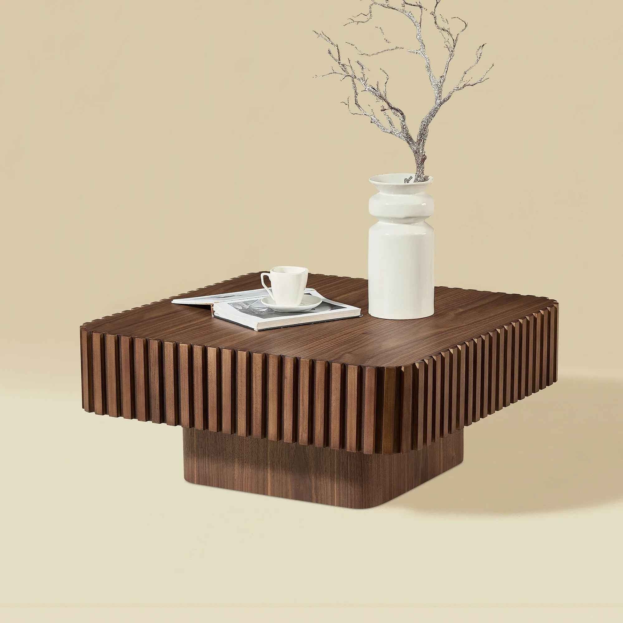 31.5 Inch Modern Handcraft Drum Coffee Table Square Coffee Table For Living Room,Small Wooden Coffee Table With Sturdy MDF Pedesta,Walnut Color - IVOIRART.COM