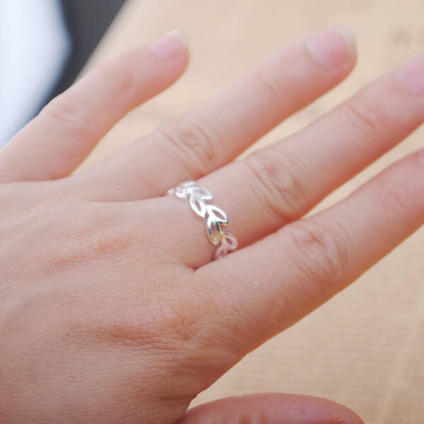 Bague creuse en forme de feuille argentée S925, bijoux