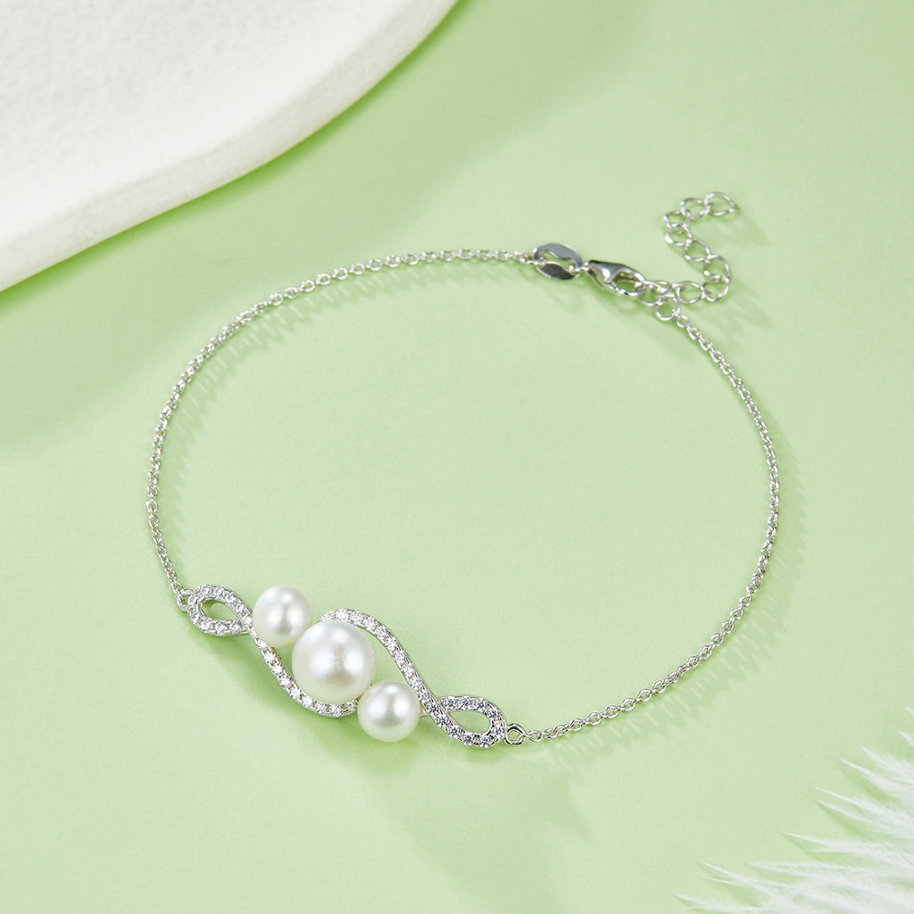 Bracelet pour Femme en Argent Sterling S925, Perles d'Eau Douce Naturelles, Design Infini Pavé, 3 g, Plaqué Platine, Chaînette d'Extension, Coffret Cadeau