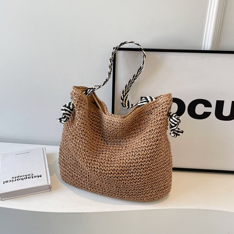 Sac à épaule pour femmes en paille à grande capacité pour les vacances à la mer